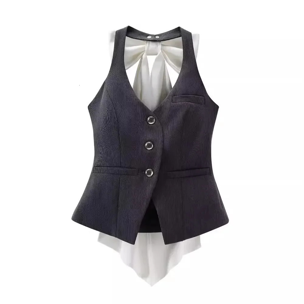 French Elegant 2piece Ski Set Womens Sexy Backless Sleeveless Y2k Crop Top Casual Slimming Wrinkled Skiing 2024 Summer 250506