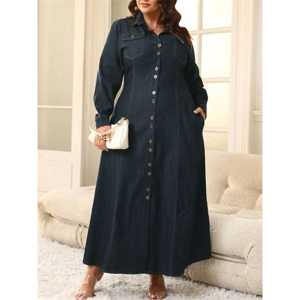Wmstar Plus Size Dresses for Women Denim Button Solid Long Fashion Elegant Maxi Dress Fall Winter Clothes Wholesale Dropshipping