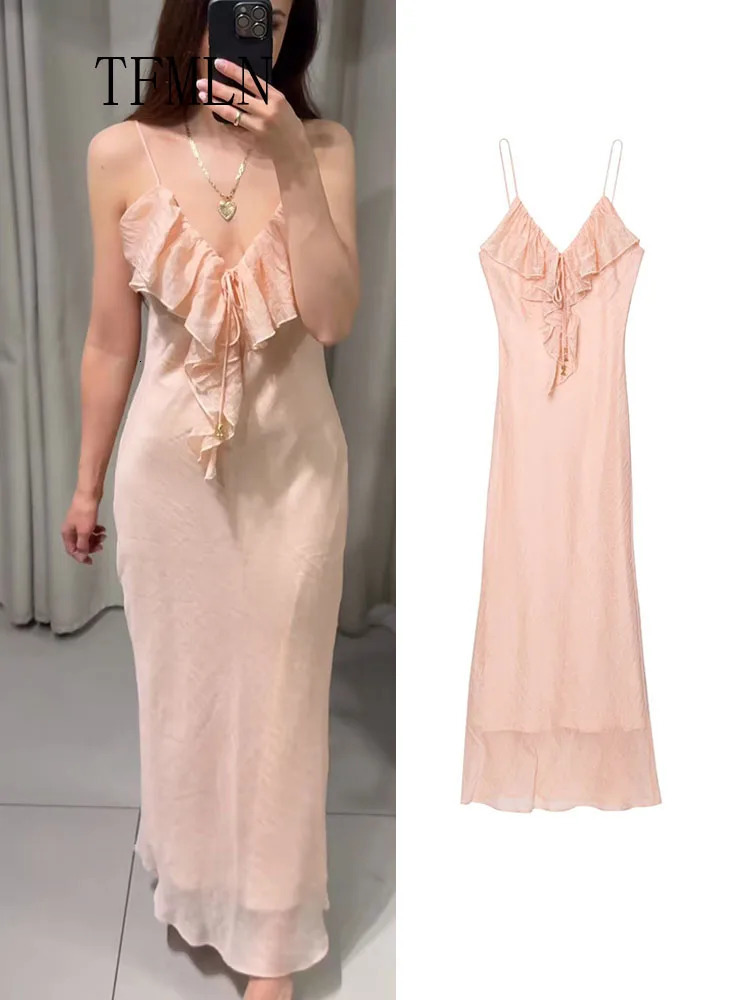 TFMLN Elegant Women Tierred Strap Midi Dress Summer Vneck Sleeveless Ruffles Underwear Sexy Solid Backless 250513