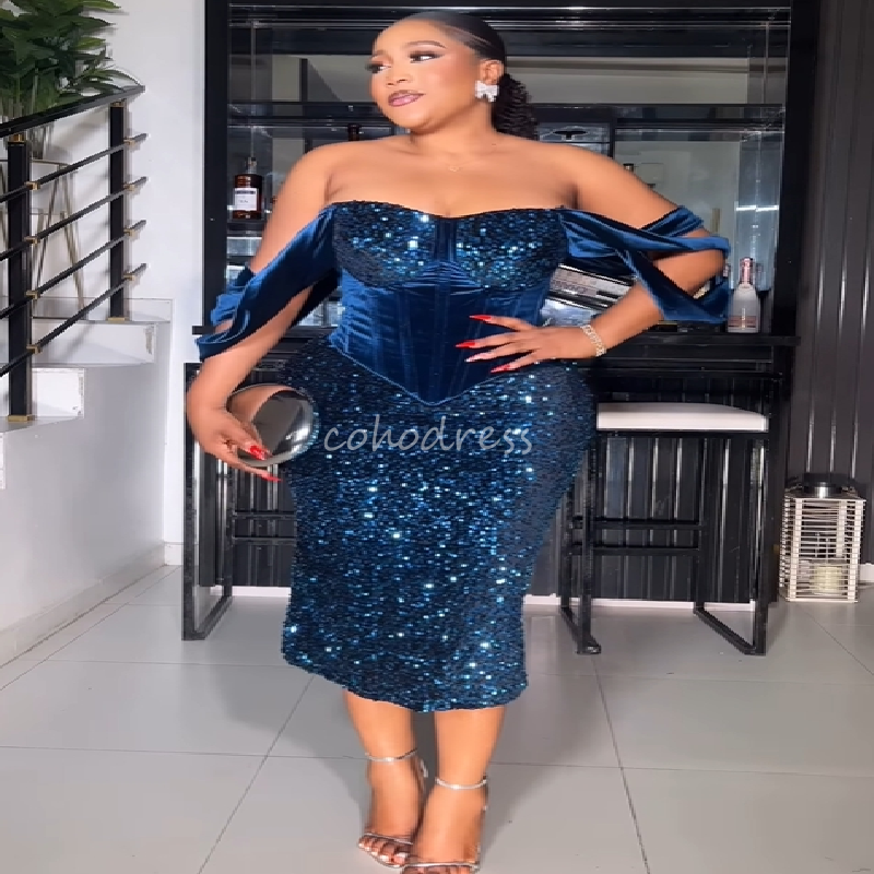Sparkly Black Girls Prom Dress With Sequin Plus Size Aso Ebi African-inspired Evening Dress Tea Length Formal Birthday Graduation Homecoming Dress 202