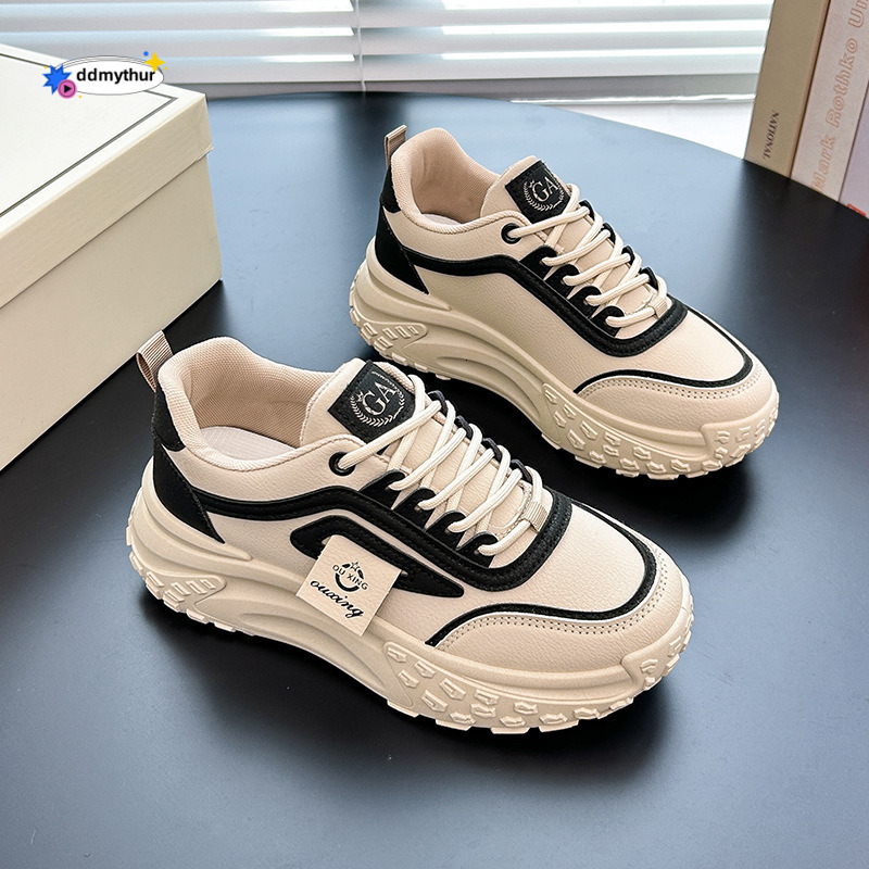 Show off little dad 2024 new spring leather waterproof casual sports thick soled mesh shoes for women ddmythur
