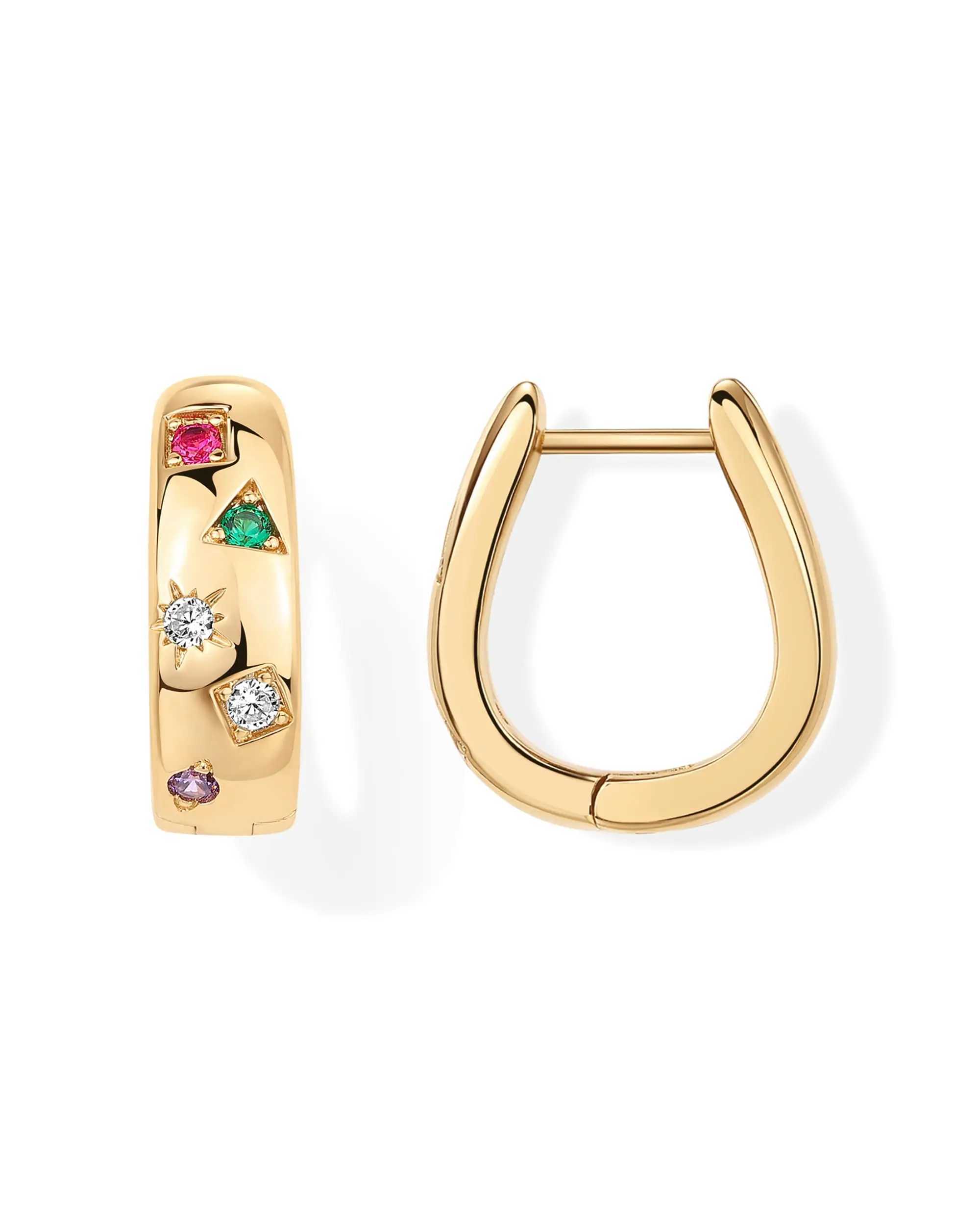 Shevalu 14K Gold Plated 925 Sterling Silver Posts Chunky Huggie Earrings for Women Fashion Multi-Colored Cubic Zirconia Earrings Y250510