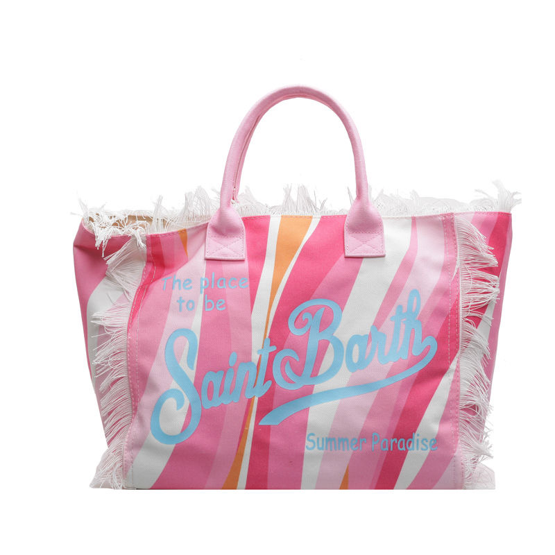 Saint Bart's New Women's Large Capacity Leisure Tourism Canvas Stripe Handmade Tassel Handbag Tote Bag size