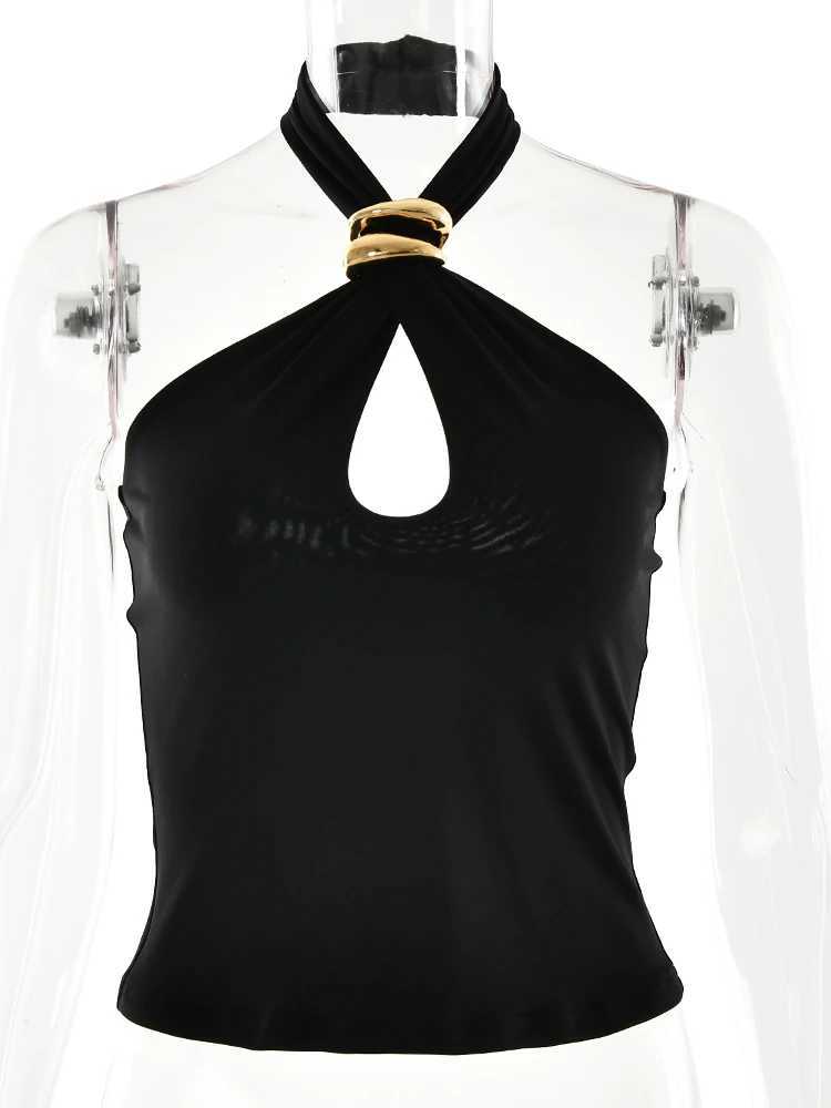 Fantoye Sexy Backless Metal Ring Halter Women Top Black Hollow Out Off Shoulder Crop Vest Female Summer Slim Elegant Streetwear M250513