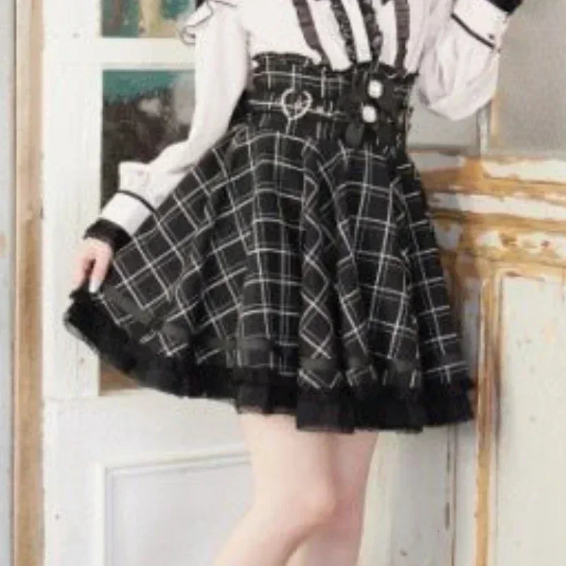 Y2k Aesthetic Sweet Girl High Waist Mini Lace Patchwork Skirt Slim Women Plaid Streetwear Gothic Jk Saia Feminina Harajuku Jupe 250513