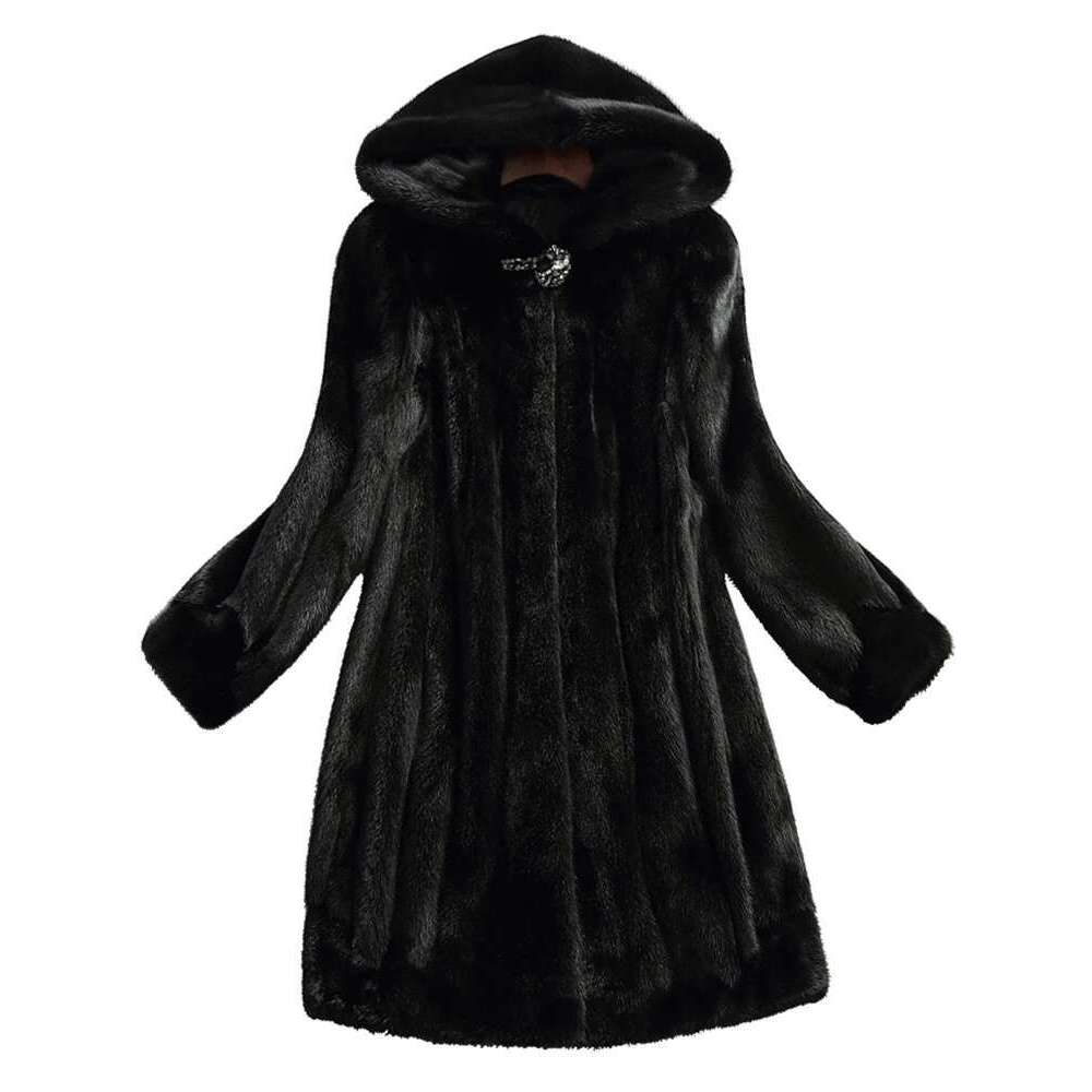 Lautaro Winter Black Faux Mink Fur Coat Women with Hood Long Sleeve Elegant Thick Warm Fluffy Furry Jacket 6xl 7xl