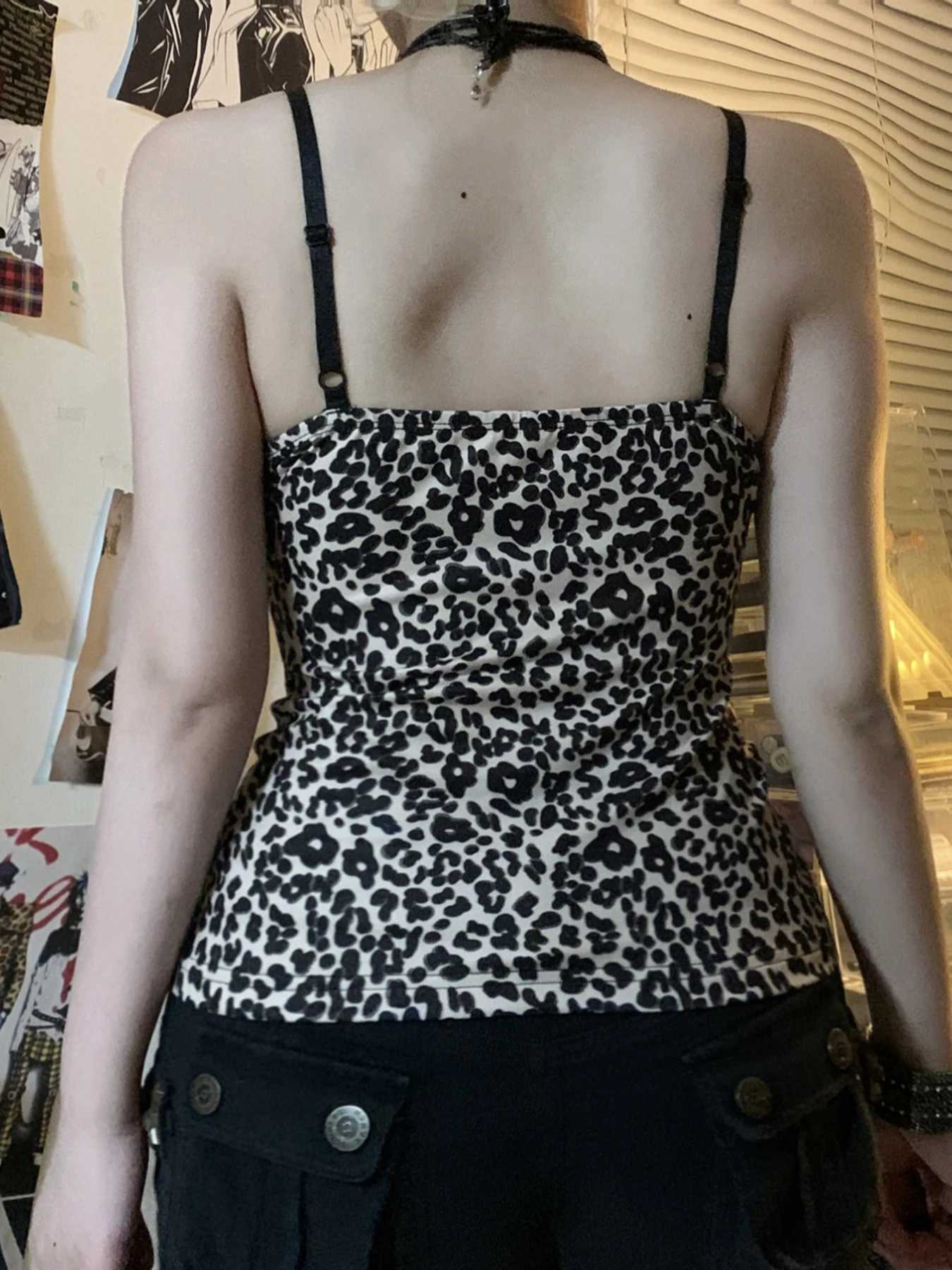 Rockmore Leopard Print Camisole Coquette Lace Frill V-neck Crop Top for Women Sexy Backless Y2K Vintage Stripe Patchwork Vest M250513