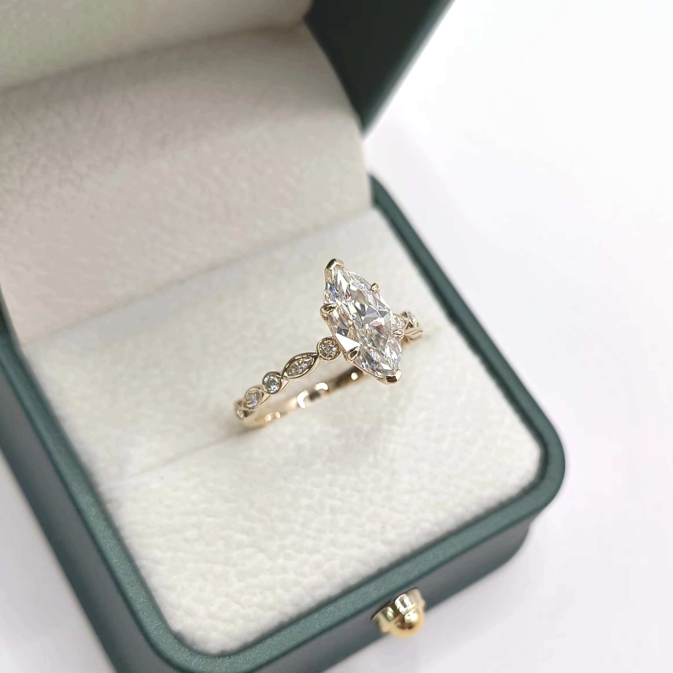 2.0ct Marquise Cut Moissanite 2mm Band High Setting MQ 6.0x12.0mm MQ 3.0x1.5mmx4pcs RD 1.7mmx6pcs US 8.00 14k Gold Rings