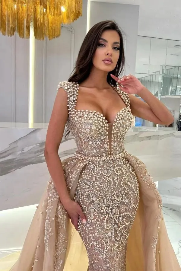 2025 Plus Size Champagne Aso Ebi Prom Dress Mermaid Prom Dresses Evening Formal Gowns Detachable Train Bead Pearls Lace Birthday Dress Second Receptio