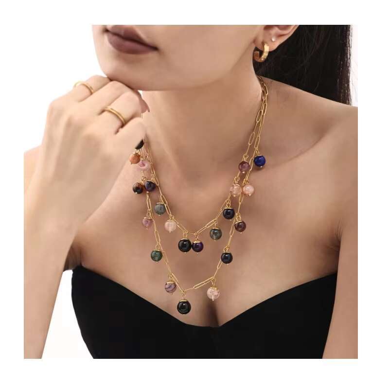 Fashionable stainless steel gold-plated crystal necklace chain design, fashionable round stone pendant, daily women's jewelry