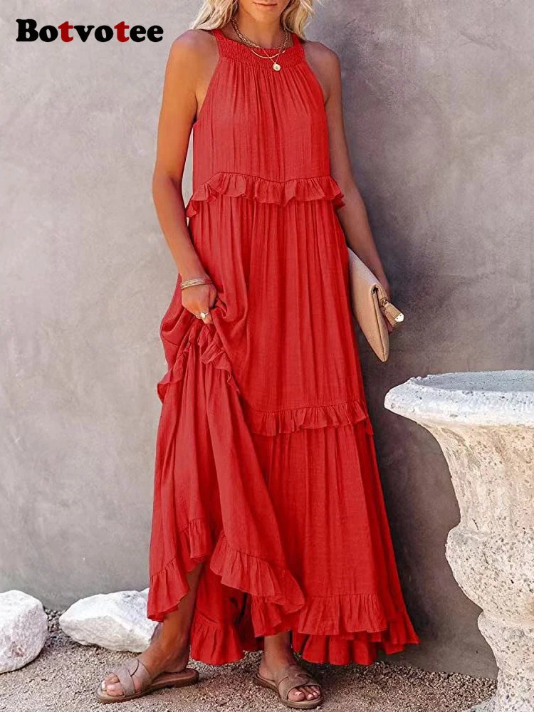 Botvotee Summer Maxi Ruffle Dresses for Women Elegant Female Holidays Beach Long Dress Party Sleeveless Loose White Purple 250513