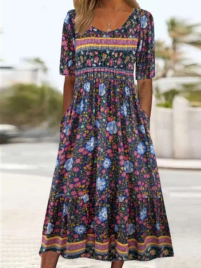 Women Clothes Dress Summer New Round Neck Short Sleeve Long Bohemian Printed Dress Women S KQ