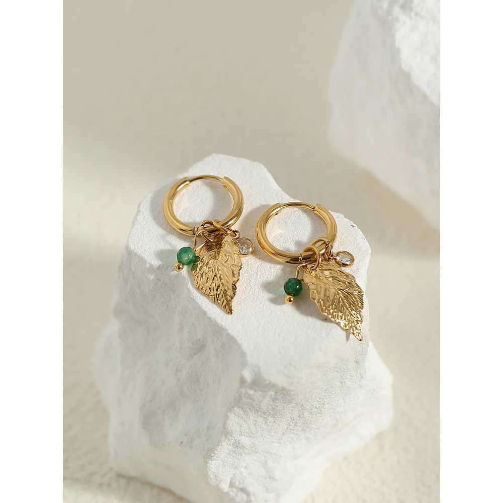 YACHAN 18K Gold Plated Green Natural Stone Stainless Steel Hoop Earrings for Women Luxury Charms Aesthetic Jewelry Y250510