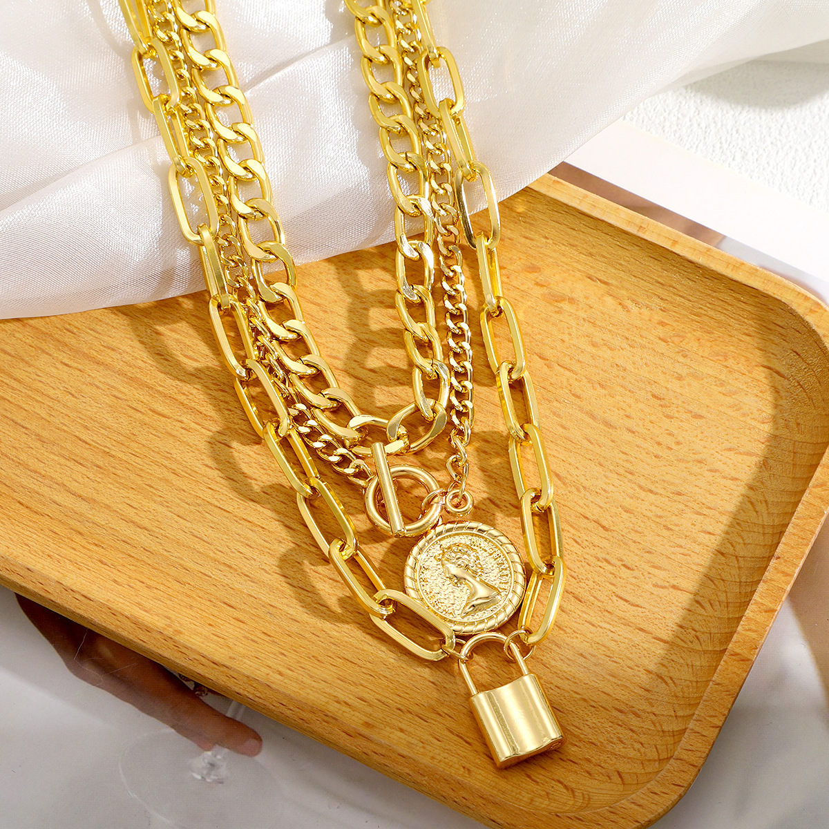 Trendy Multi-Layer Gold Necklace Set with Coin Pendant and Lock Charm, Fashionable Choker for Women