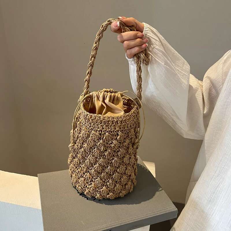 Handmade Woven Bucket For Women Bohemian Shoulder Bags Knitted Summer Straw Beach Bag Female Round Cut Out Handbags