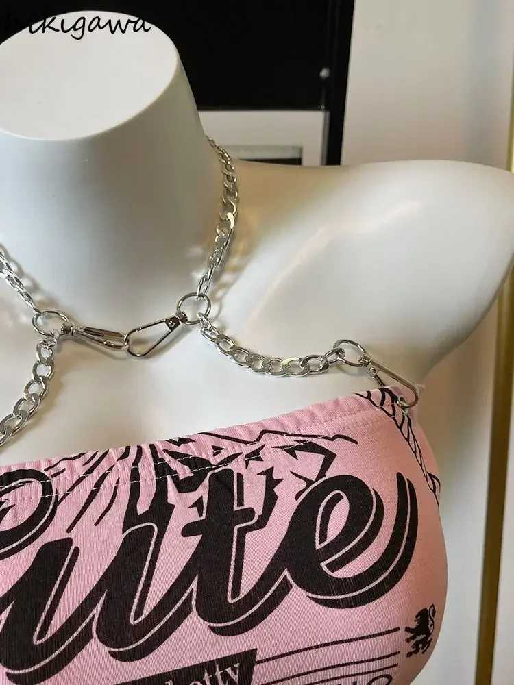 Crop Tops Fashion Summer Tanks Women Clothing Sweet Pink Letter Backless Tunic Shirt Harajuku Chain Sexy Y2k Vest Womens Clothing M250513