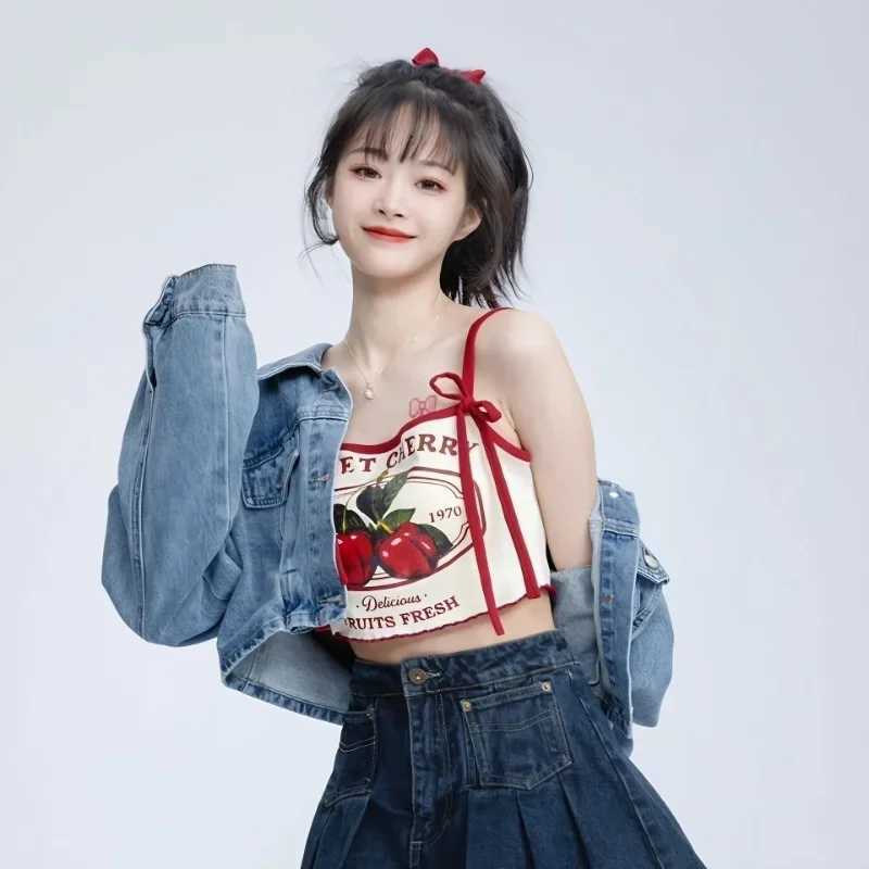 Hikigawa Chic Fashion Women Casual Japanese Sweet Cherry Print Slim Camisole Summer Bow Lace Up Thin Sxey Crop Y2k Tops Women M250513
