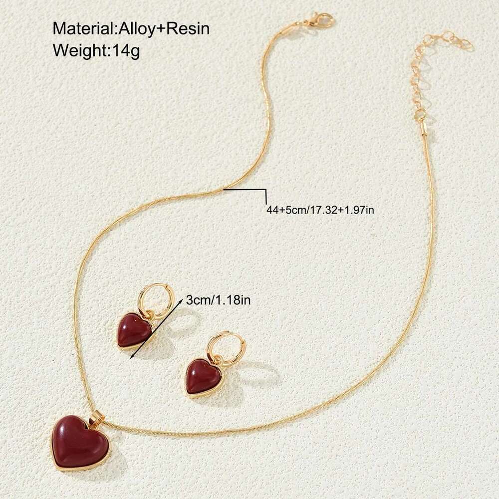 3Pcs Vintage Red Heart Pendant Set For Women Simple Gold Color Necklace Earrings Fashion Female Party Jewelry