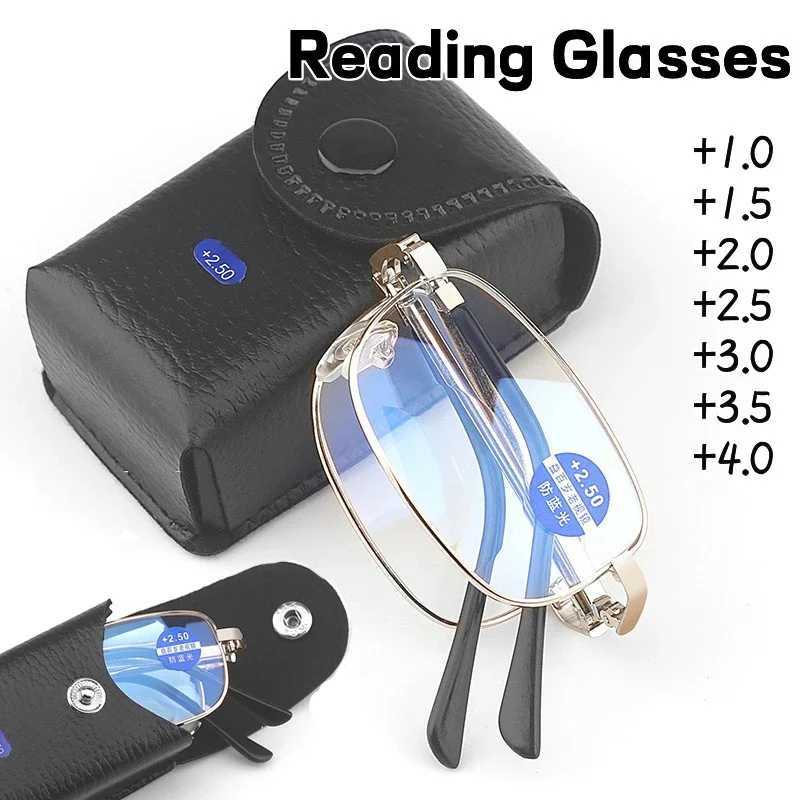 Trend Foldable Metal Blue Light Blocking Reading Glasses Men Portable Metal Eyewear Presbyopia Diopter Glasses with Leather Case W250513
