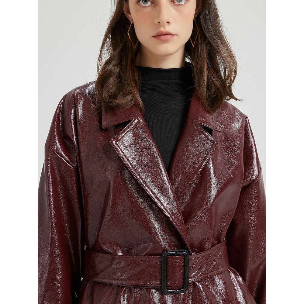 Lautaro Spring Autumn Extra Long Bury Pu Leather Trench Coat for Women with Belt Elegant Designer Maxi Overcoat 2024