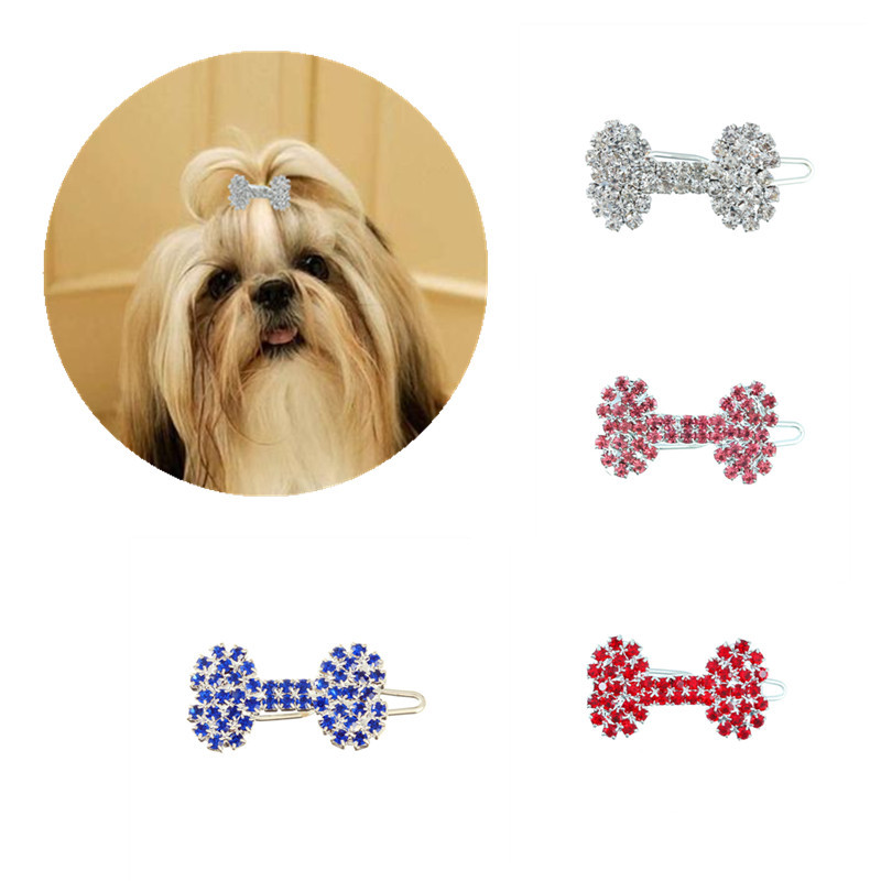 4 PCS Luxury Crystal Rhinestone Dog Bone Hair Clips, Pet Grooming Hair Products, Photography Hair Accessories Props, Christmas Party Hair Accessories 