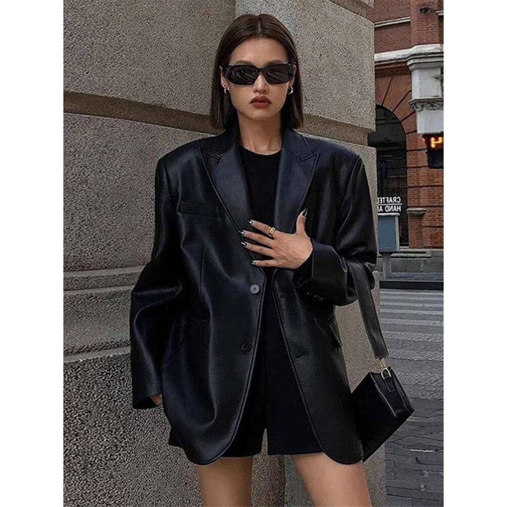 PU Leather Suit Jacket Coat Brown Woman Texture Vintage Street Trends Motorcycle Jackets Loose Casual Thickened Overcoat Top