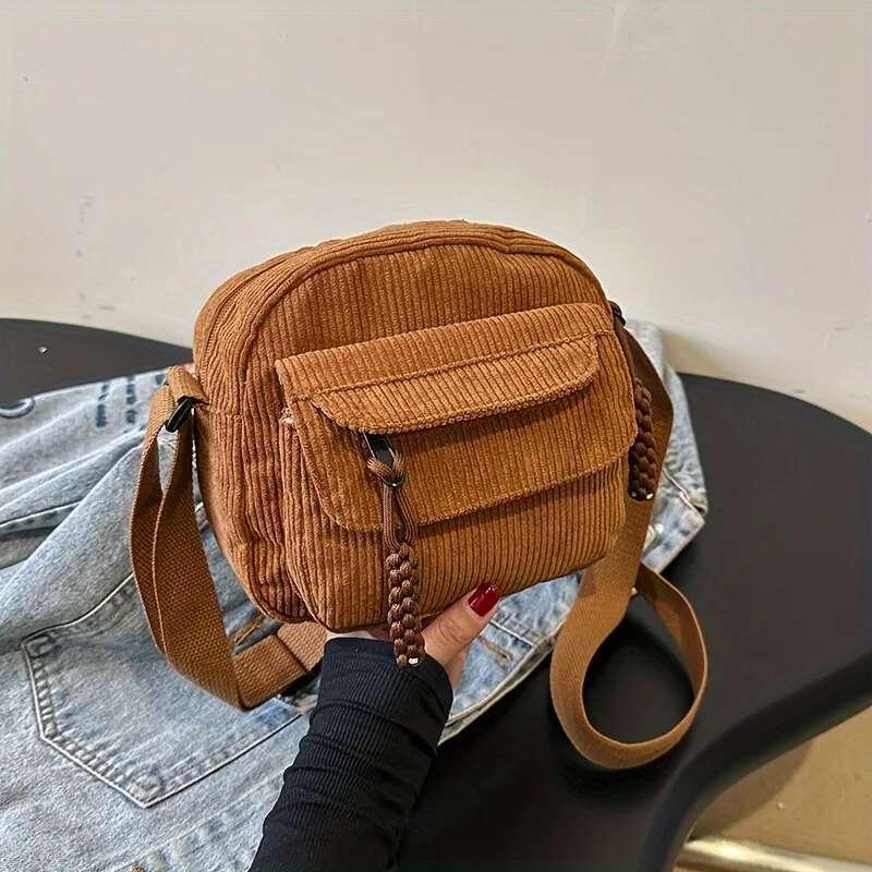 Vintage Haruku Corduroy Crossbody Bag, Casual Japanese Style Handbag Shoulder Bag With Zipper Closure,Chic Everyday Use Purse