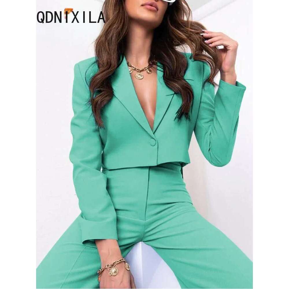 2 Piece Womens Outfits Fashion Office Ladies Cropped and High Waist Pant Sets Women Elegant Blazer Suits