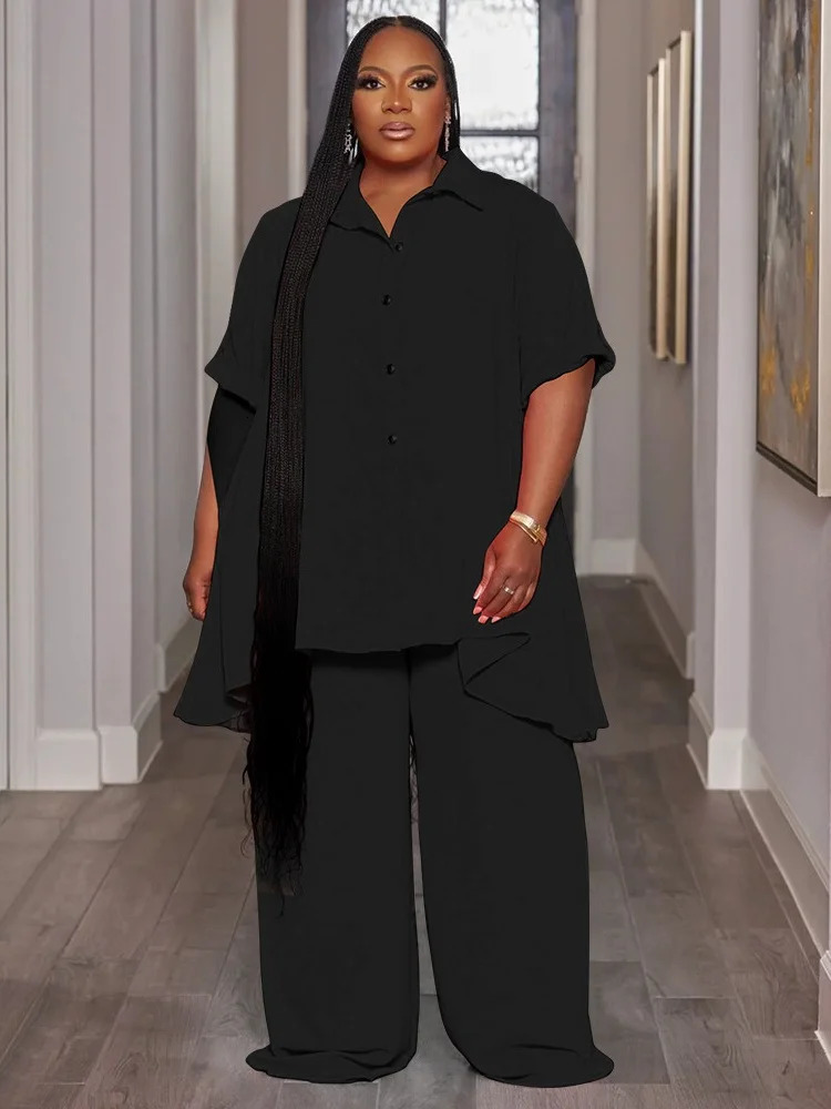 Wmstar Women Plus Size Two Piece Set 5XL Summer Casual Solid Button T Shirt Wide Leg Pants Female Outfits Wholesale Drop 250506