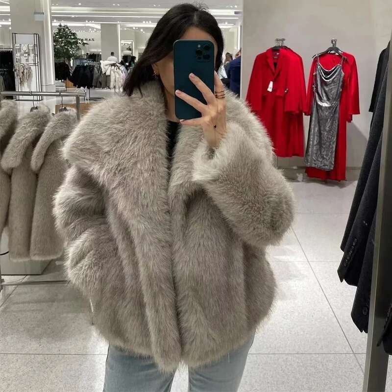 TRAF Women's Autumn Winter 2025 Plush Wool Coats And Mixtures Outerwears Fashion Long Sleeve Warm Faux Fur Coat Designer