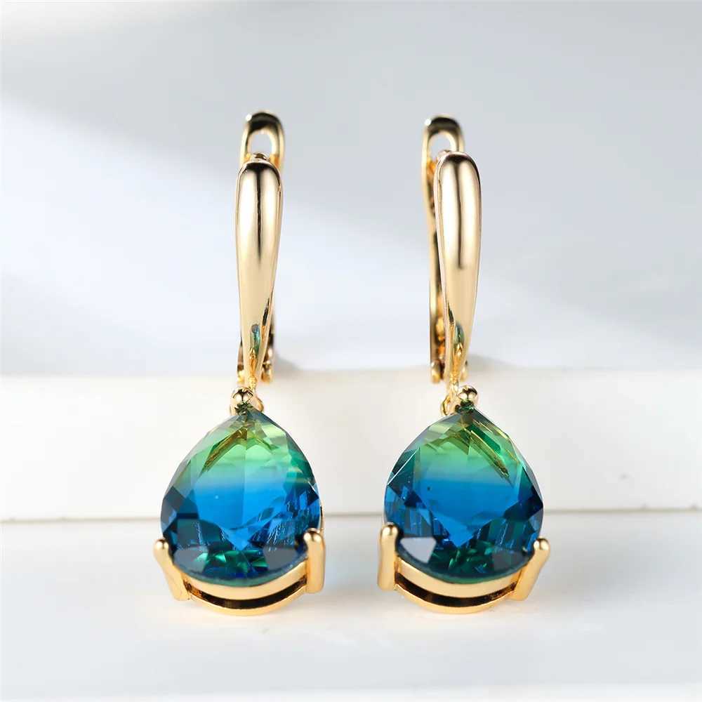 Trendy Crystal Blue Green Rainbow Zircon Stone Hoop Earrings For Women Vintage Gold Color Wedding Jewelry Y250510