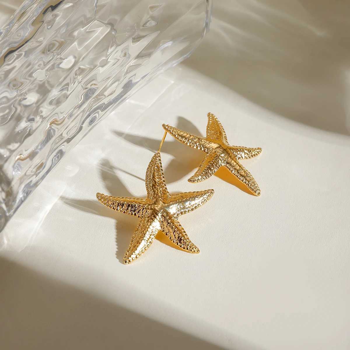 18K Gold Plated Stainless Steel Starfish Stud Earrings Anti Allergic Metal Waterproof Statement Jewelry for Women Beach Gift Y250510