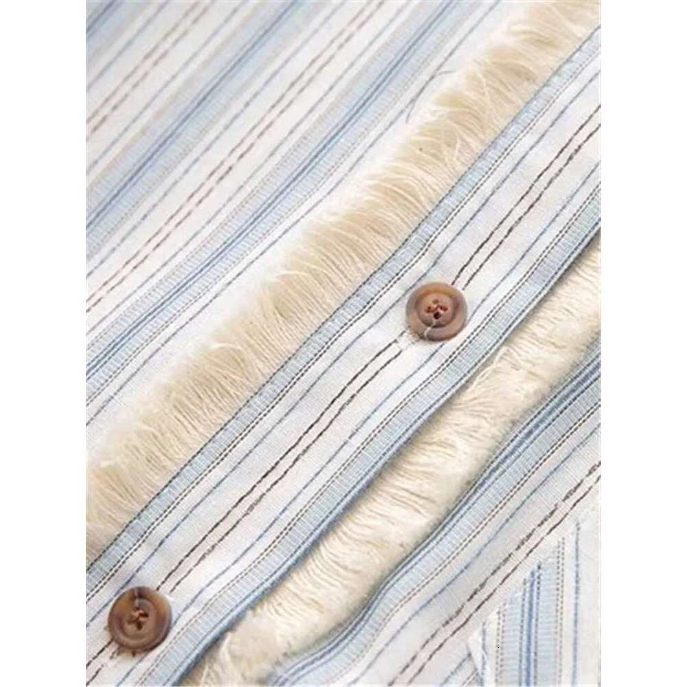 Plus Size Women's Clothing Spring Long-Sleeved Vertical Striped Cotton Linen Washed Shirt With Raw Edges And Tassels