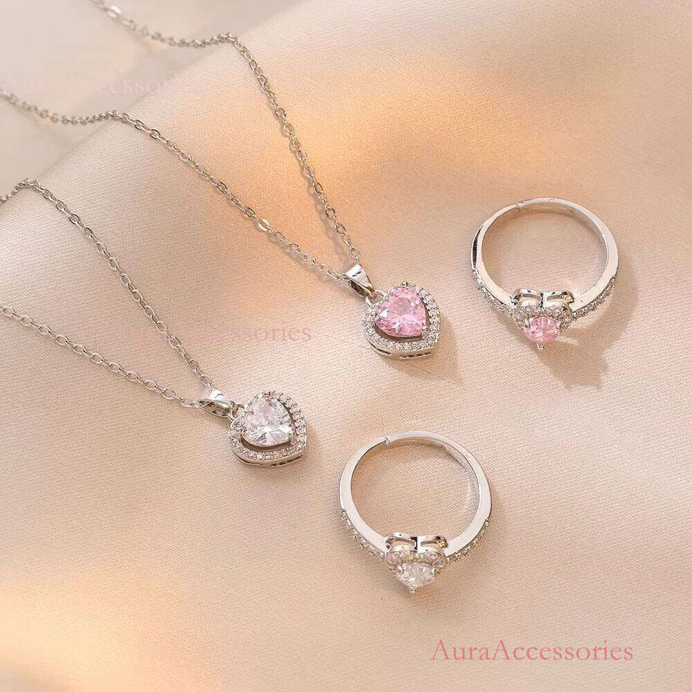 Fine Jewelry Set Sier Solid Pink Heart Pendant Necklace and Earrings for Parties
