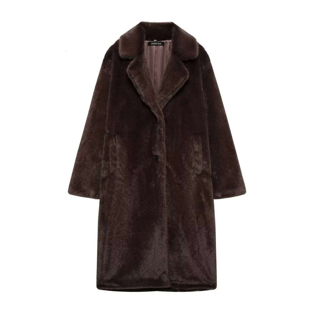 Women's Fall Winter Faux Fur Long TRAFZA Vintage Lapel Buttons Loose New 2025 Fashion Casual High Street Warm Coat Designer