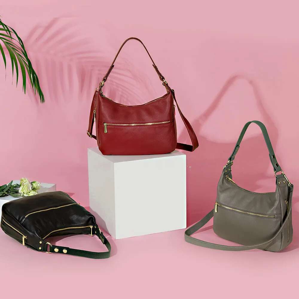 Zency Shoulder Bag For Women 100% Genuine Leather Tote Handbag Large Capacity Hobos Fashion Lady Crossbody Purse Black Red