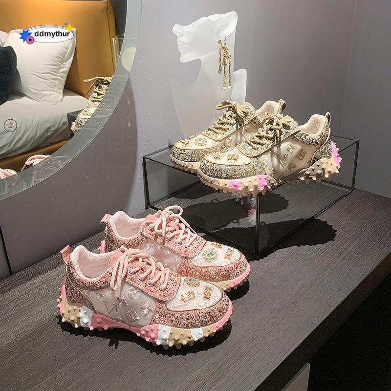 MMG Hot selling Letter rhinestones Fashion Sports Durian Matcake sole Mesh Single Shoes Women's ddmythur
