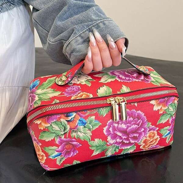 New Portable Internet Celebrity Northeast Dahua Ethnic Style Celebration Large Capacity Makeup Storage Bag, Toilet Bag B5