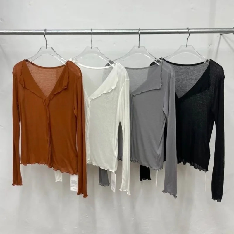 V Neck High Quality Plain T Shirt Women Elastic Basic Tshirts Female Casual Tops Long Sleeve Sexy Thin Tshirt See Through 250513