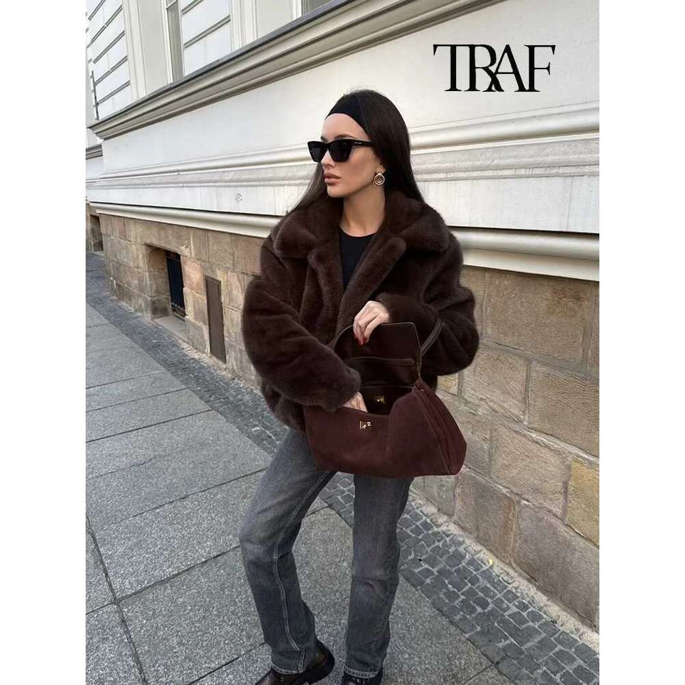 TRAF Women's Fashion Brown Faux Retro Lapel Long Sleeve Soft Fluffy Jacket Coat Temperament High Street Short Fur Top