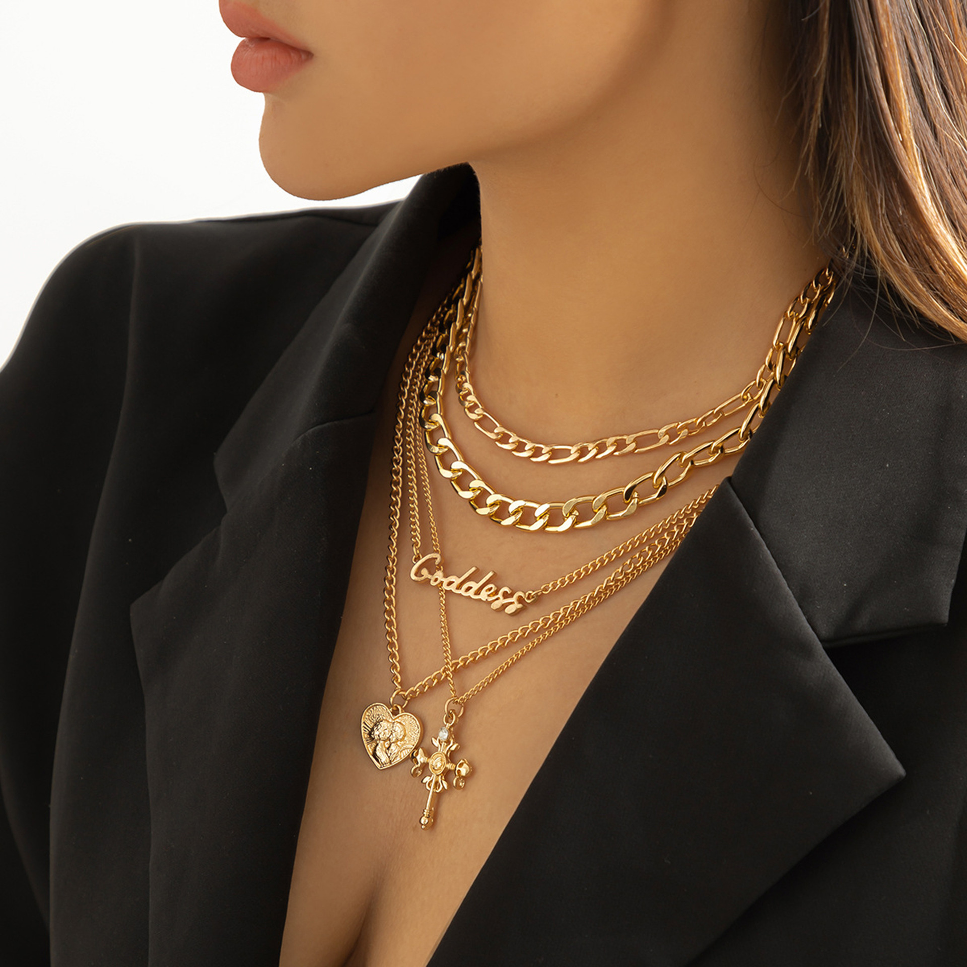 Elegant Layered Design Cross + Hearts Charm Accessory: Contemporary Urban Chic A-Z Necklace