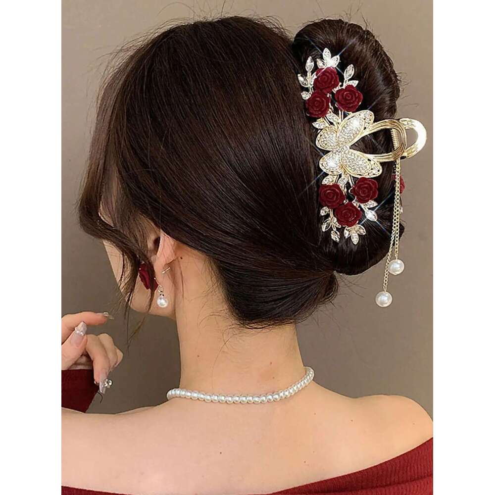 1Pcs Fashion Dia-Set Butterfly Rose Tassel Claws For Women Hair Accessories