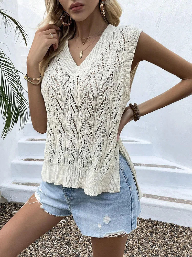 Fashionable and elegant top female full naked Vneck vest loose knit sweater 250506