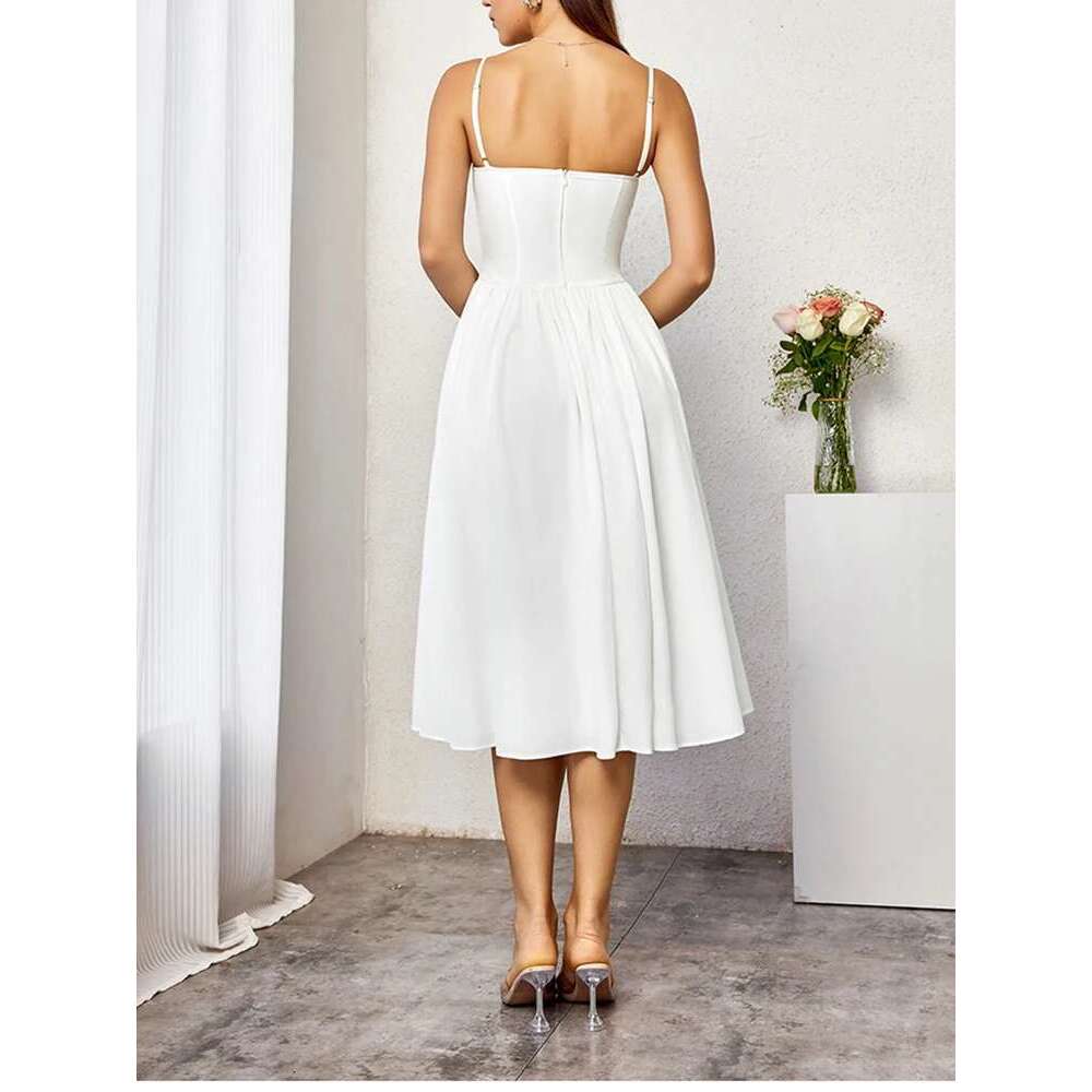 NewAsia Women's Adjustable Straps Backless Midi Corset Dress Flowy Fishbone A-Line Going Out Casual Long Dresses White