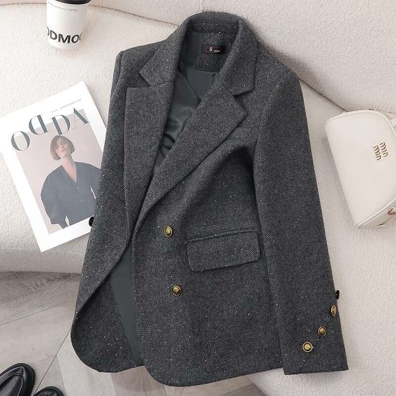 Elegant Woolen Mini Suit Jacket For Women Shiny Sequin Autumn Winter New Style Fashionable Top Quality Material