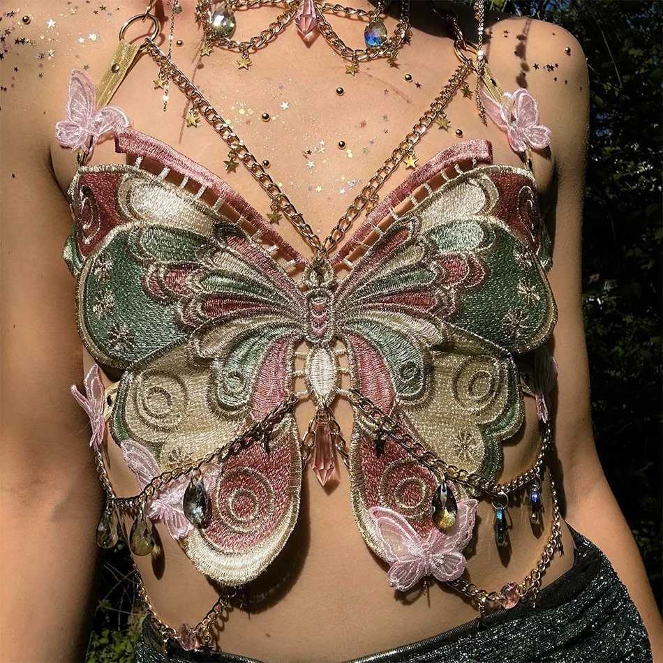 YOUR BUMP CURVE Sexy Woman Crystal Chain Butterfly Embroidery Sleeveless Backless Adjustable Ultra Short Top Music Prom M250513