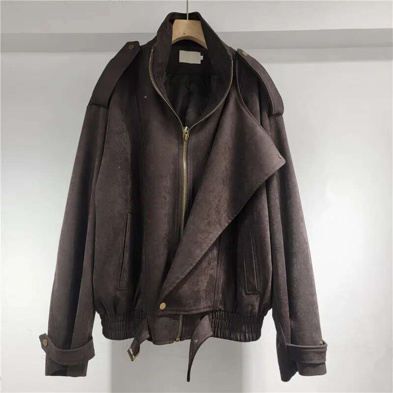 DEAT Women's Coat Stand Collar Minimalist Long Sleeve Loose Imitation Suede Zipper Casual Jackets 2025 Summer New Fashion 29A301