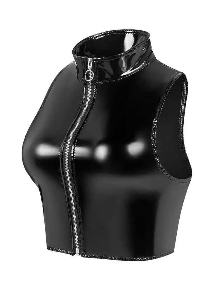 S-3XL Wet Look PVC Bustier Tank Top Shiny PU Leather Crop Tops Sleeveless Zipper Vest Camis Tights Sexy Clubwear Croptop Cropped M250513