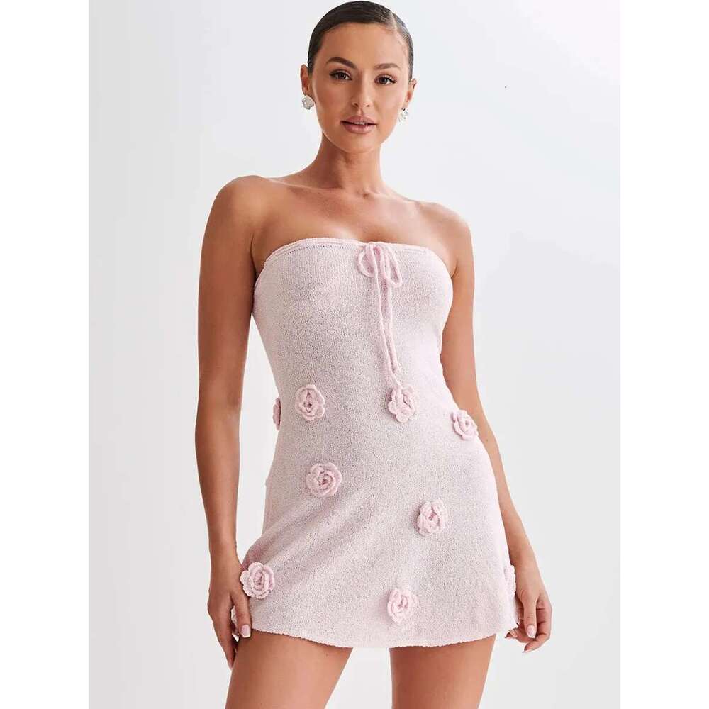 Elegant Sleeveless Lace Up Pink Mini Dress Women New Fashion 3d Flower Backless Sexy A-Line Short Dresses Bodycon Birthday Party