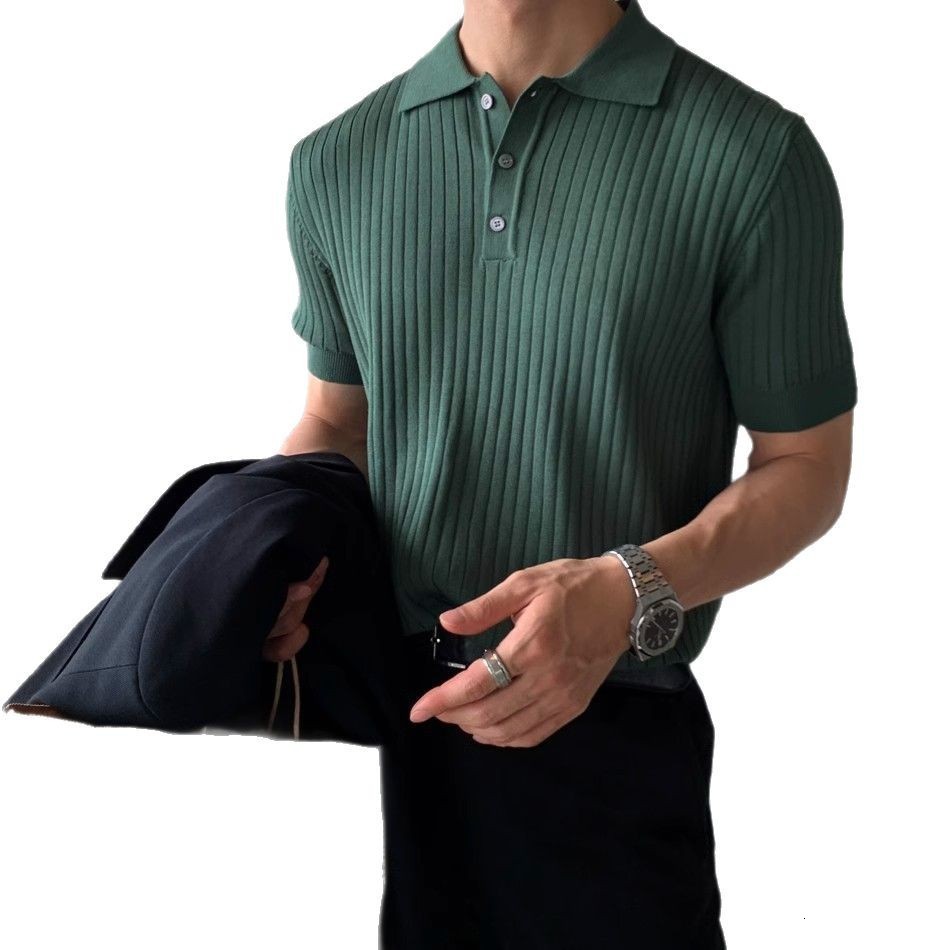 British yuppie mens ice silk knitted polo shirt mens t-shirt cool and high-end short sleeved summer trendy brand plol shirt 250213